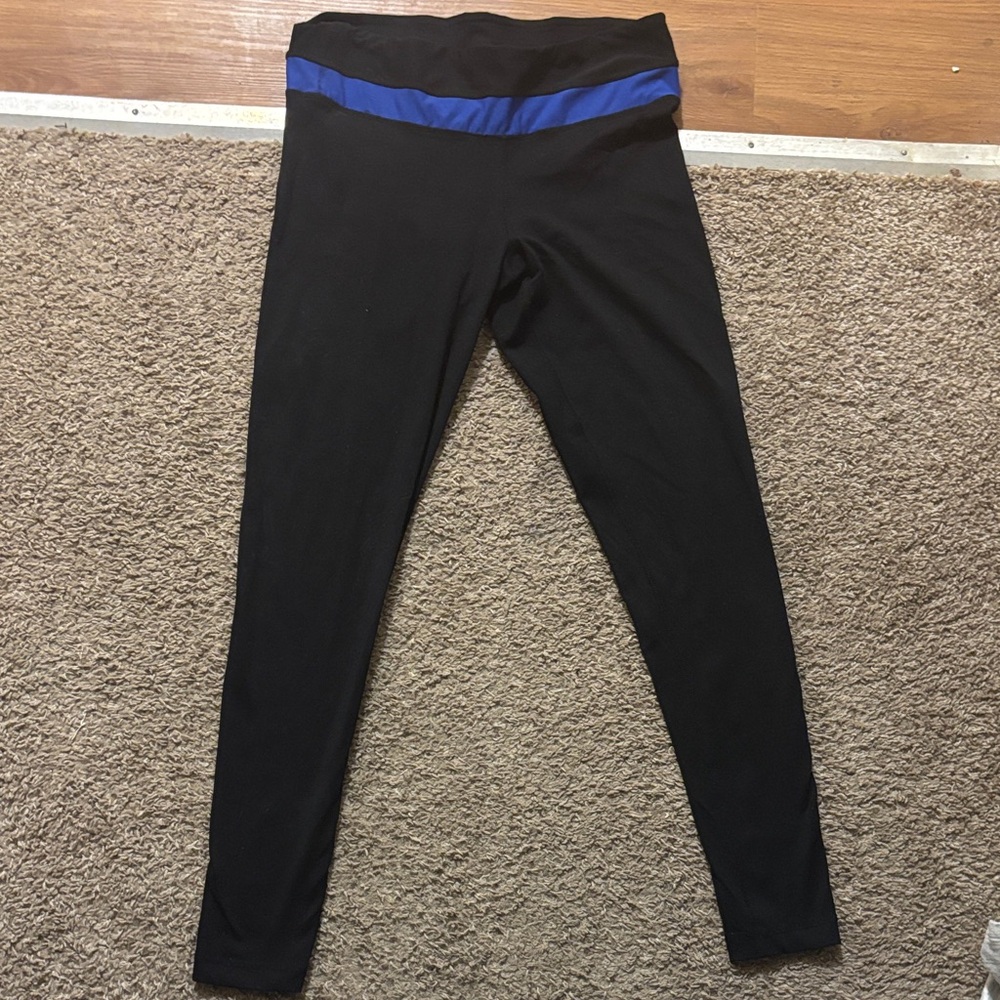 90 Degree By Reflex Womans Lg Full Length Black Leggings Blue Waistband Like New